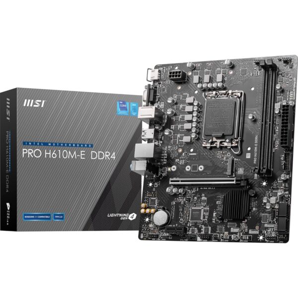 MSI PRO H610M-E DDR4 Motherboard, Micro-ATX - Supports Intel 12th Gen Core Processors, LGA 1700-2 x DIMMs (3200MHz), 1x PCIe 4.0 x16 Slot, 1 x M.2 Gen3, USB 3.2 Gen1, 1G LAN, HDMI 1.4 & VGA